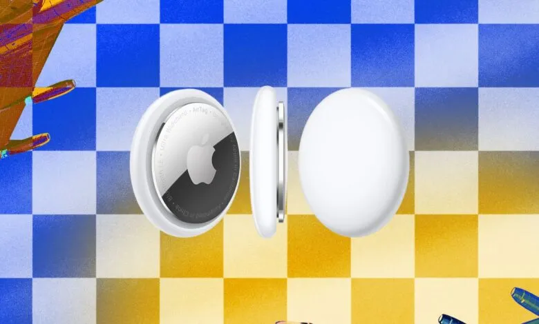 Three Apple AirTags displayed against a blue and gold checkered background with airplane graphics.