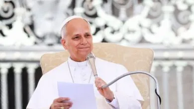 Archbishop Gänswein smiles, holding a microphone and papers.