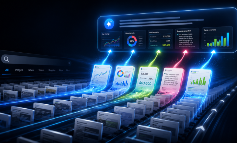 AI search results visualized with data insights and growth metrics.