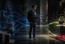 Man using phone with headphones and audio equipment connected by light trails.