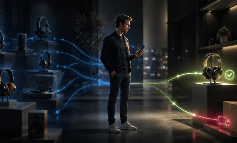 Man using phone with headphones and audio equipment connected by light trails.