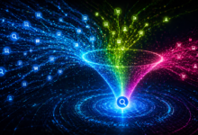 Digital funnel with colorful data streams and icons representing online activity.