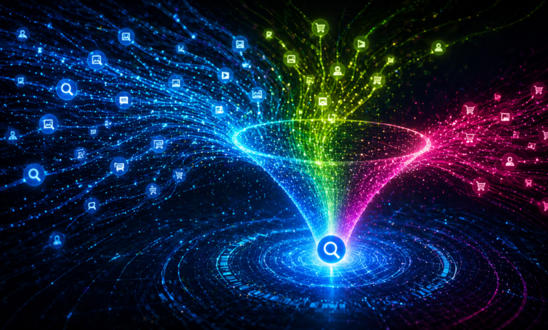Digital funnel with colorful data streams and icons representing online activity.