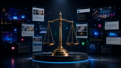 Scales of justice surrounded by digital content, representing legal tech.
