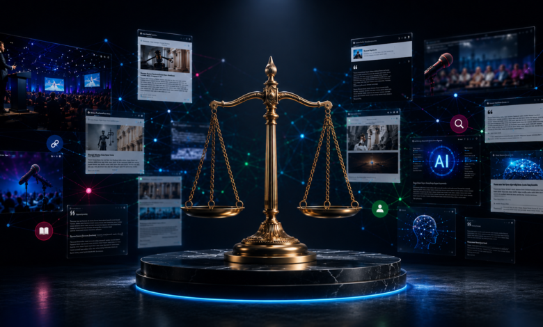 Scales of justice surrounded by digital content, representing legal tech.
