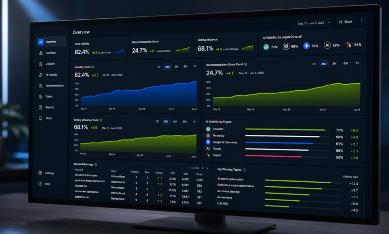 AI visibility dashboard showing key metrics and trends on a computer screen.