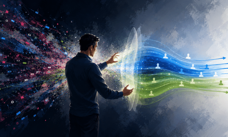 Person interacting with digital data stream, filtering for target audience.