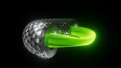 Abstract metal structure with glowing green plasma ring.