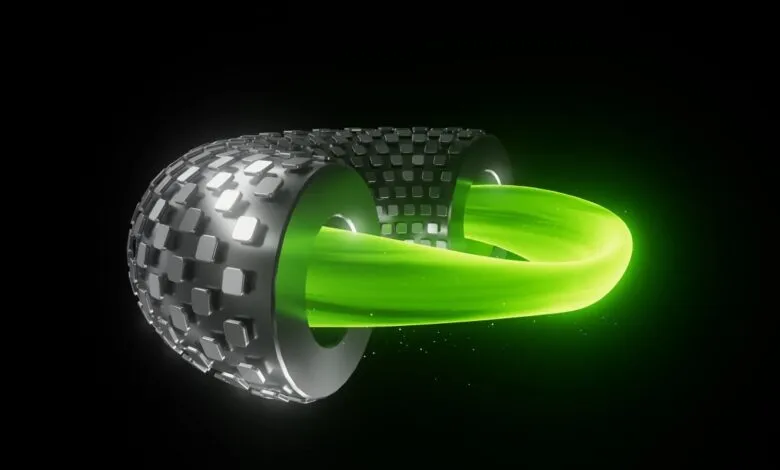 Abstract metal structure with glowing green plasma ring.