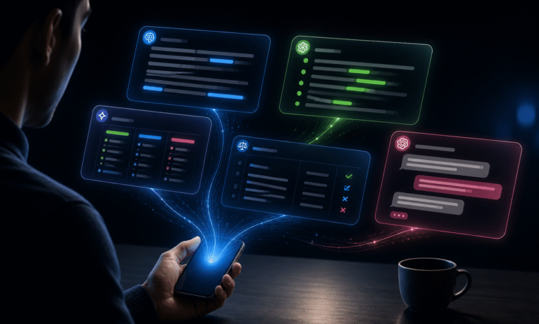 Person using smartphone with floating data dashboards and coffee cup.