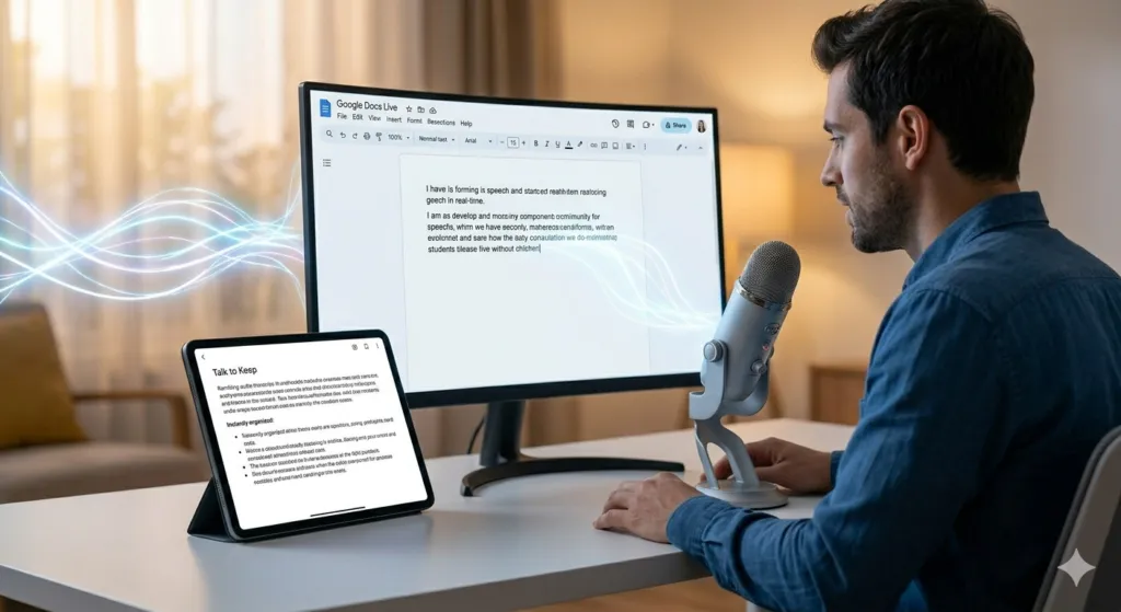 Man using voice-to-text with microphone, tablet, and Google Docs on screen.