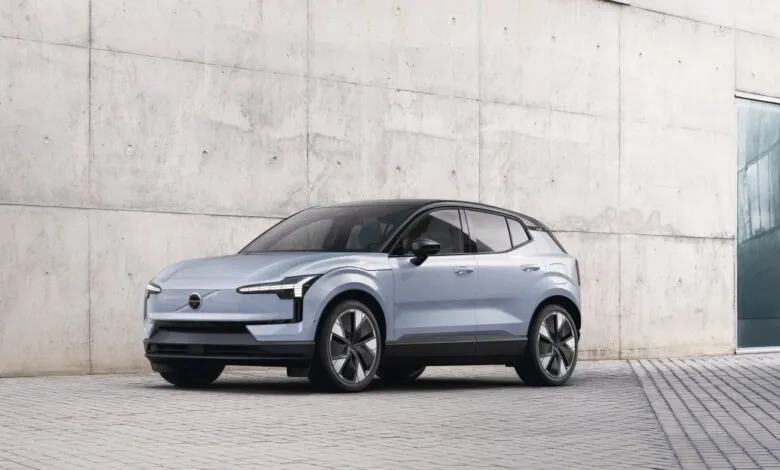 Light blue Volvo EX30 electric SUV parked against a concrete wall.