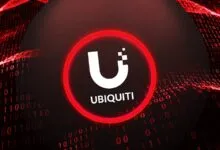 Ubiquiti logo with a red digital background of binary code.