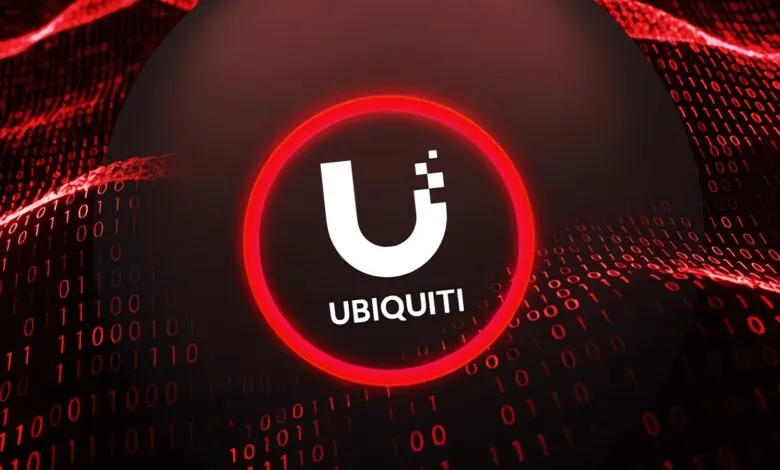 Ubiquiti logo with a red digital background of binary code.