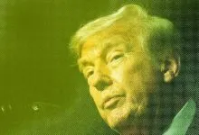 Donald Trump portrait with a green halftone pattern overlay.