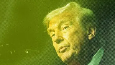 Donald Trump portrait with a green halftone pattern overlay.