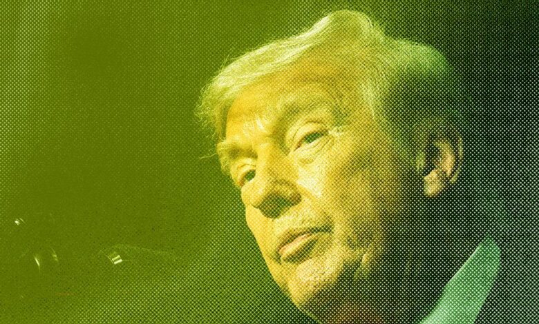 Donald Trump portrait with a green halftone pattern overlay.