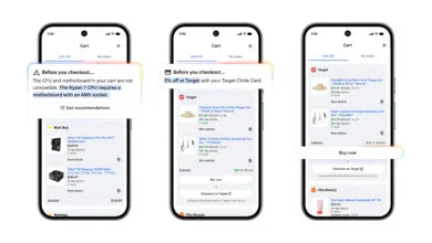 Phone screens showing online shopping carts with compatibility and discount alerts.