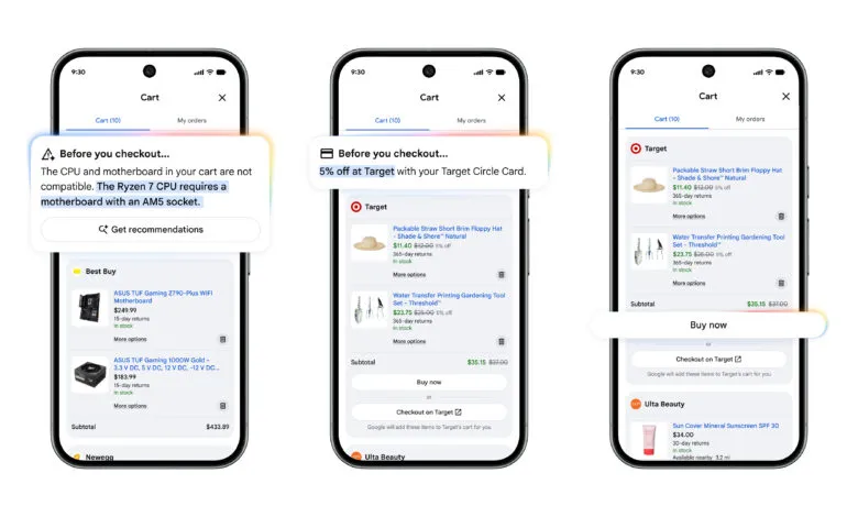 Phone screens showing online shopping carts with compatibility and discount alerts.
