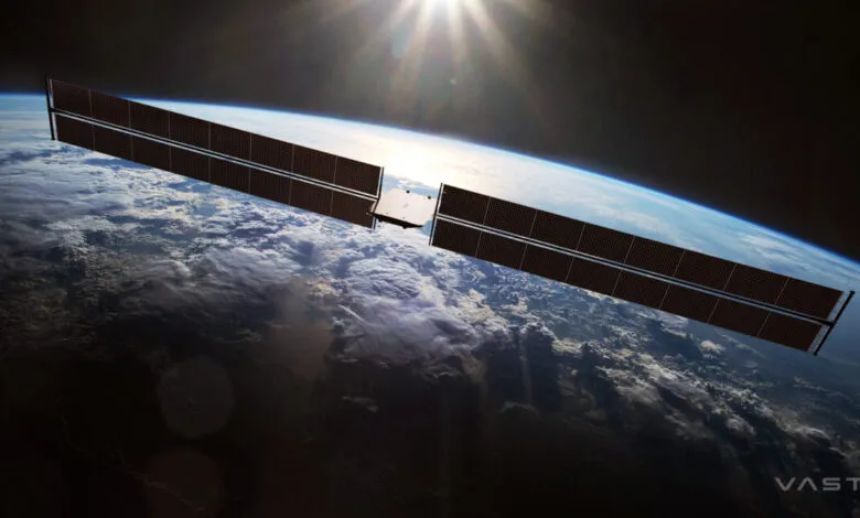 Satellite with solar panels orbiting Earth, sun shining above.