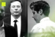 Split image of Elon Musk and Sam Altman in a stylized, modern design.