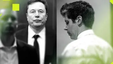 Split image of Elon Musk and Sam Altman in a stylized, modern design.
