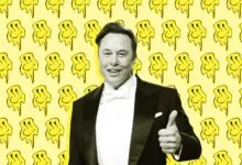 Elon Musk in tuxedo gives thumbs up against melting smiley face background.