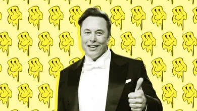Elon Musk in tuxedo gives thumbs up against melting smiley face background.