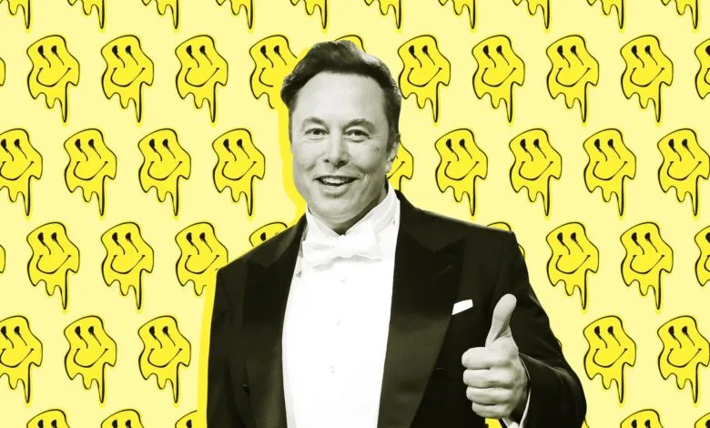 Elon Musk in tuxedo gives thumbs up against melting smiley face background.