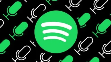 Spotify logo with podcast microphones on a black background.