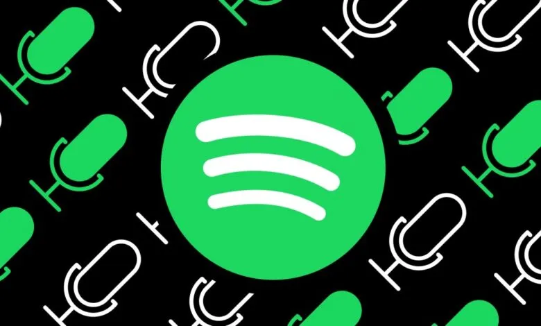 Spotify logo with podcast microphones on a black background.