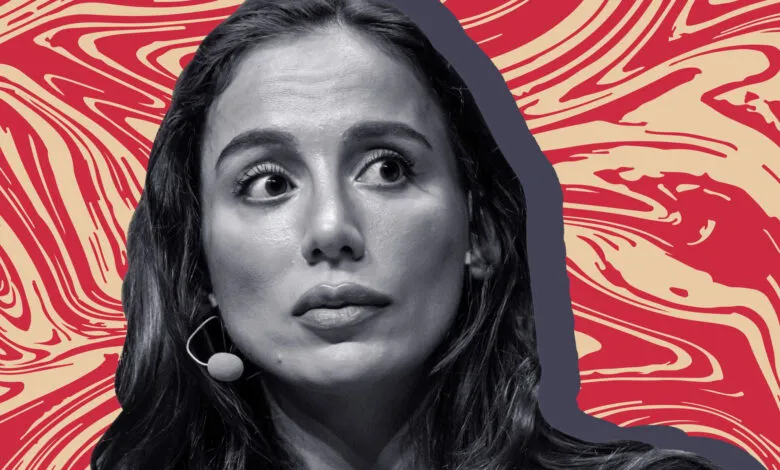 Mira Murati portrait against a swirling red and tan background.