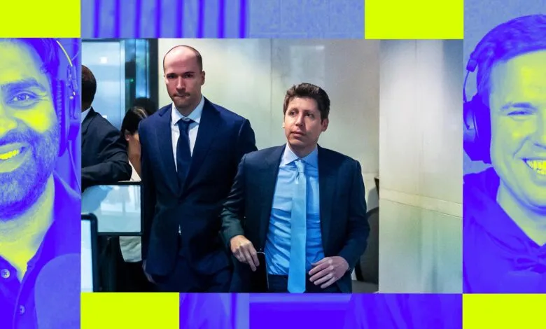 Two men in suits walk, flanked by smiling faces with headphones in a stylized image.