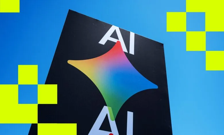 Sign with 'AI' text and rainbow starburst against a blue sky.