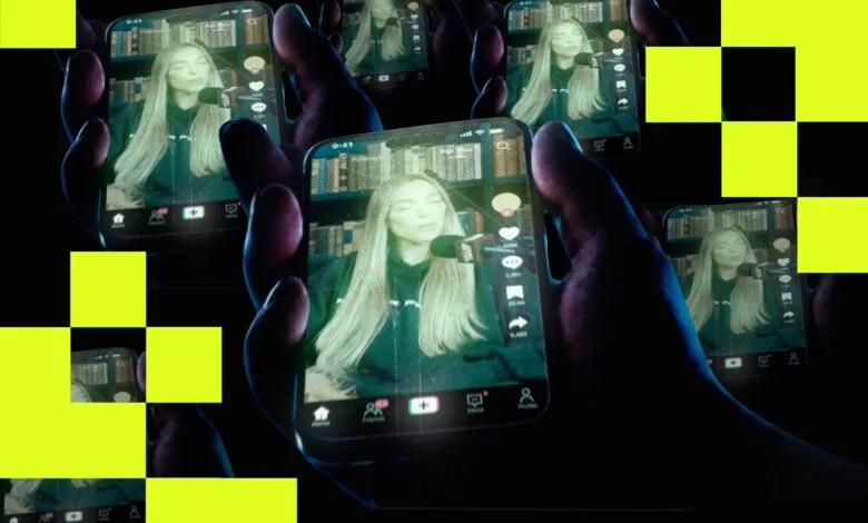 Multiple hands holding phones displaying a woman on TikTok.