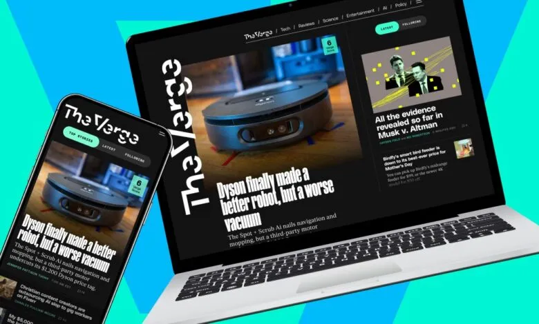 Laptop and phone displaying The Verge website, featuring articles on Dyson robot and Musk v. Altman.
