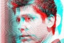 Sam Altman portrait with red and cyan halftone effect.