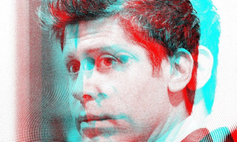 Sam Altman portrait with red and cyan halftone effect.