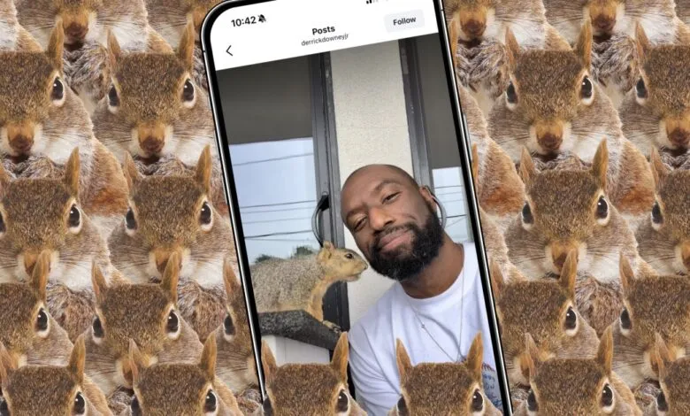 Instagram post of Derrick Downey Jr. taking a selfie with a squirrel, squirrel background.