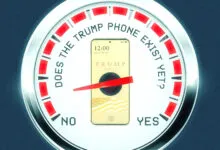 Gauge showing 'Does the Trump Phone Exist Yet?' with needle pointing towards 'No'.