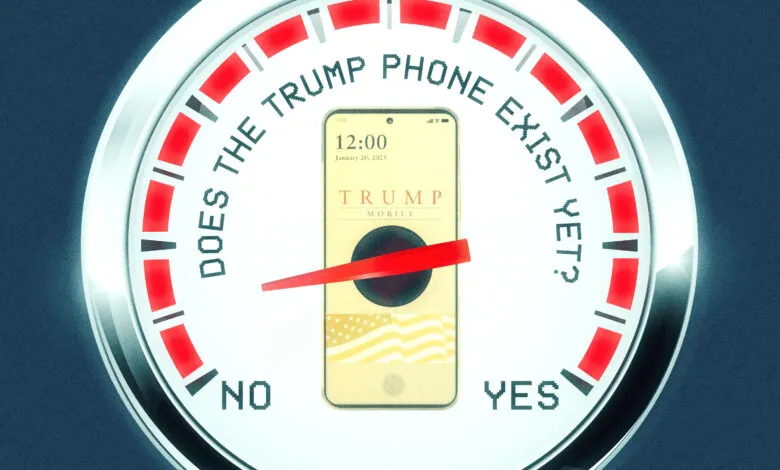 Gauge showing 'Does the Trump Phone Exist Yet?' with needle pointing towards 'No'.