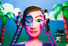 Stylized image of a face being painted by figures on ladders in a tropical setting.