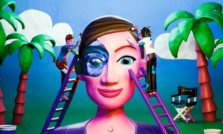 Stylized image of a face being painted by figures on ladders in a tropical setting.