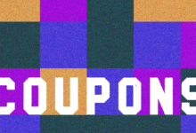 Colorful checkered pattern with the word 'COUPONS' in white.