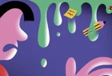 Abstract illustration of a person overwhelmed by floating office supplies.