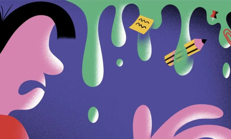 Abstract illustration of a person overwhelmed by floating office supplies.