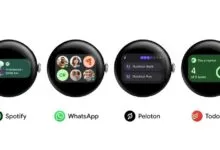Four smartwatches displaying different app interfaces: Spotify, WhatsApp, Peloton, and Todoist.