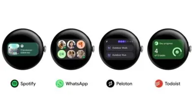 Four smartwatches displaying different app interfaces: Spotify, WhatsApp, Peloton, and Todoist.
