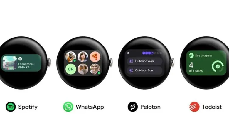 Four smartwatches displaying different app interfaces: Spotify, WhatsApp, Peloton, and Todoist.