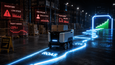 Autonomous robot navigates warehouse with data overlays showing business metrics.